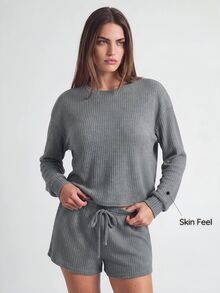 SHAPORA 三件套华夫格针织落肩上衣、吊带背心和短裤家居服套装，秋冬服装，舒适套装 - 灰色 - 查看 5