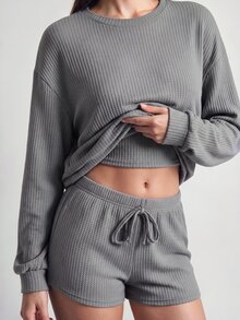 SHAPORA 三件套华夫格针织落肩上衣、吊带背心和短裤家居服套装，秋冬服装，舒适套装 - 灰色 - 查看 8