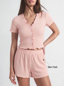 EasyFave Bộ đồ mặc nhà gồm áo và quần short viền rau diếp - Màu Hồng baby - Xem 7