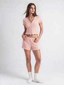 EasyFave Bộ đồ mặc nhà gồm áo và quần short viền rau diếp - Màu Hồng baby - Xem 2