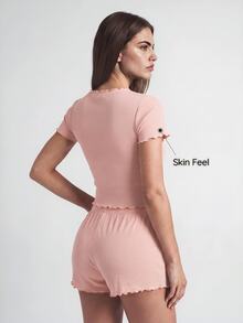 EasyFave Bộ đồ mặc nhà gồm áo và quần short viền rau diếp - Màu Hồng baby - Xem 5