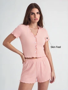 EasyFave Bộ đồ mặc nhà gồm áo và quần short viền rau diếp - Màu Hồng baby - Xem 3