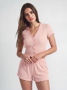 EasyFave Bộ đồ mặc nhà gồm áo và quần short viền rau diếp - Màu Hồng baby - Xem 6