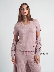 SHAPORA V-Neck Short Sleeve T-Shirt And Bowknot Detail Pants And Robe Homewear Lounge Set Cozy Outfit, Fall Winter Clothes - Baby Pink - View 5
