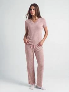 SHAPORA V-Neck Short Sleeve T-Shirt And Bowknot Detail Pants And Robe Homewear Lounge Set Cozy Outfit, Fall Winter Clothes - Baby Pink - View 2