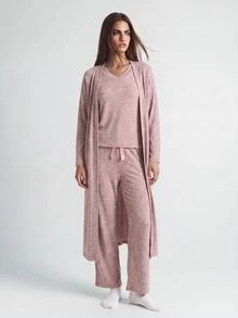 SHAPORA V-Neck Short Sleeve T-Shirt And Bowknot Detail Pants And Robe Homewear Lounge Set Cozy Outfit, Fall Winter Clothes - Baby Pink - View 6