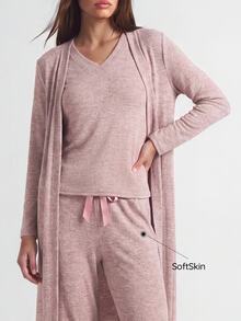 SHAPORA V-Neck Short Sleeve T-Shirt And Bowknot Detail Pants And Robe Homewear Lounge Set Cozy Outfit, Fall Winter Clothes - Baby Pink - View 1