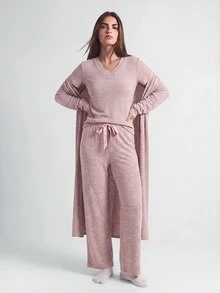 SHAPORA V-Neck Short Sleeve T-Shirt And Bowknot Detail Pants And Robe Homewear Lounge Set Cozy Outfit, Fall Winter Clothes - Baby Pink - View 4