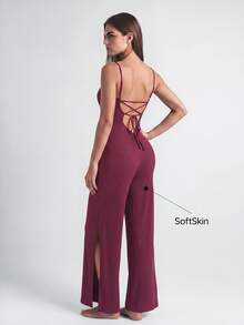 SHAPORA Women's Strap Rib Jumpsuit Home Wear - Burgundy - View 1