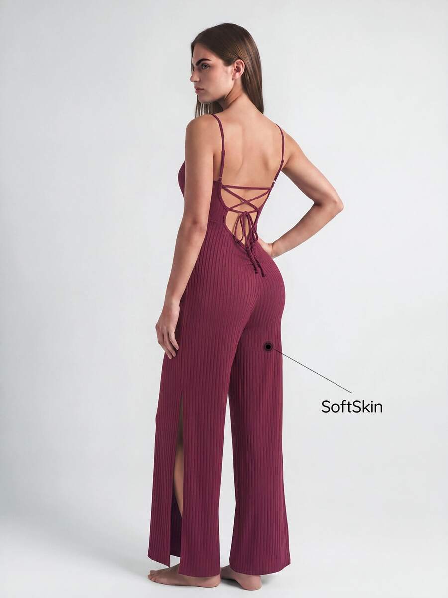 SHAPORA Women's Strap Rib Jumpsuit Home Wear - Burgundy - View 1
