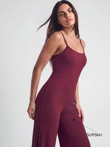 SHAPORA Women's Strap Rib Jumpsuit Home Wear - Burgundy - View 4