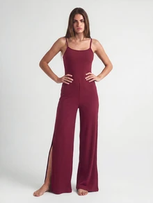 SHAPORA Women's Strap Rib Jumpsuit Home Wear - Burgundy - View 3