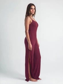 SHAPORA Women's Strap Rib Jumpsuit Home Wear - Burgundy - View 6