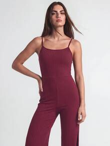 SHAPORA Women's Strap Rib Jumpsuit Home Wear - Burgundy - View 5