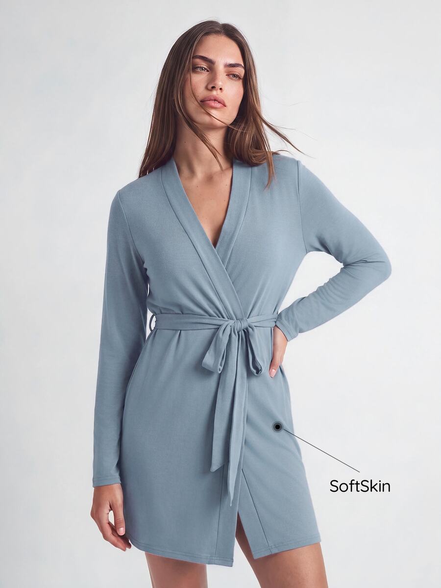SHAPORA Women's Casual Blue Belted Thigh Length Robe With Regular Sleeves And Medium Stretch Fabric Cozy And Elegant, For Fall & Winter Outfit - Blue - View 1