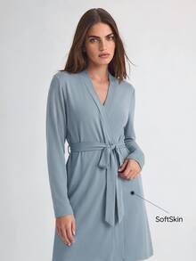 SHAPORA Women's Casual Blue Belted Thigh Length Robe With Regular Sleeves And Medium Stretch Fabric Cozy And Elegant, For Fall & Winter Outfit - Blue - View 5