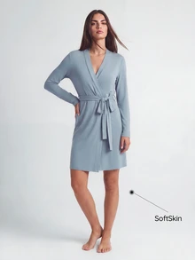 SHAPORA Women's Casual Blue Belted Thigh Length Robe With Regular Sleeves And Medium Stretch Fabric Cozy And Elegant, For Fall & Winter Outfit - Blue - View 6