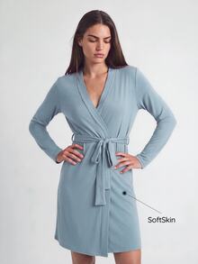SHAPORA Women's Casual Blue Belted Thigh Length Robe With Regular Sleeves And Medium Stretch Fabric Cozy And Elegant, For Fall & Winter Outfit - Blue - View 4