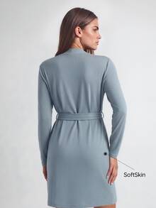 SHAPORA Women's Casual Blue Belted Thigh Length Robe With Regular Sleeves And Medium Stretch Fabric Cozy And Elegant, For Fall & Winter Outfit - Blue - View 3