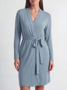 SHAPORA Women's Casual Blue Belted Thigh Length Robe With Regular Sleeves And Medium Stretch Fabric Cozy And Elegant, For Fall & Winter Outfit - Blue - View 2