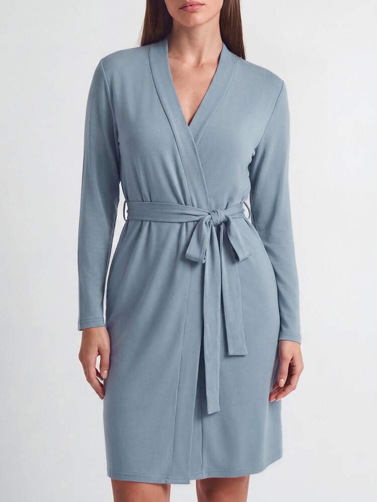 SHAPORA Women's Casual Blue Belted Thigh Length Robe With Regular Sleeves And Medium Stretch Fabric Cozy And Elegant, For Fall & Winter Outfit - Blue - View 2