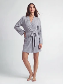SHAPORA Women's Casual Light Grey Rib Knit V Neck Thigh Length Robe With Belt And Pockets Comfortable Loungewear Cozy And Elegant Details, For Outfit - Light Grey - View 3