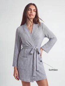 SHAPORA Women's Casual Light Grey Rib Knit V Neck Thigh Length Robe With Belt And Pockets Comfortable Loungewear Cozy And Elegant Details, For Outfit - Light Grey - View 1