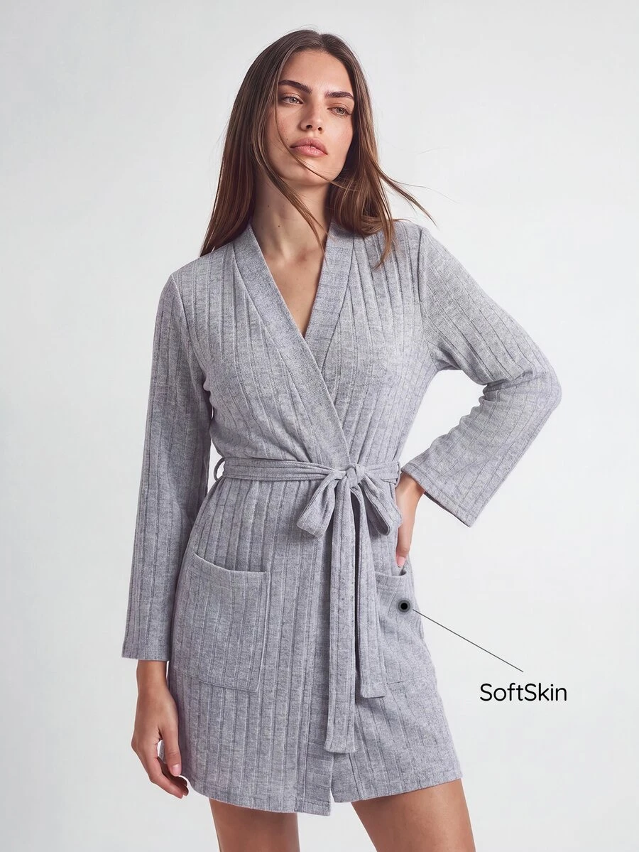 SHAPORA Women's Casual Light Grey Rib Knit V Neck Thigh Length Robe With Belt And Pockets Comfortable Loungewear Cozy And Elegant Details, For Outfit - Light Grey - View 1