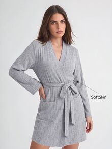 SHAPORA Women's Casual Light Grey Rib Knit V Neck Thigh Length Robe With Belt And Pockets Comfortable Loungewear Cozy And Elegant Details, For Outfit - Light Grey - View 2