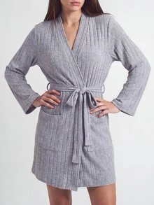 SHAPORA Women's Casual Light Grey Rib Knit V Neck Thigh Length Robe With Belt And Pockets Comfortable Loungewear Cozy And Elegant Details, For Outfit - Light Grey - View 4