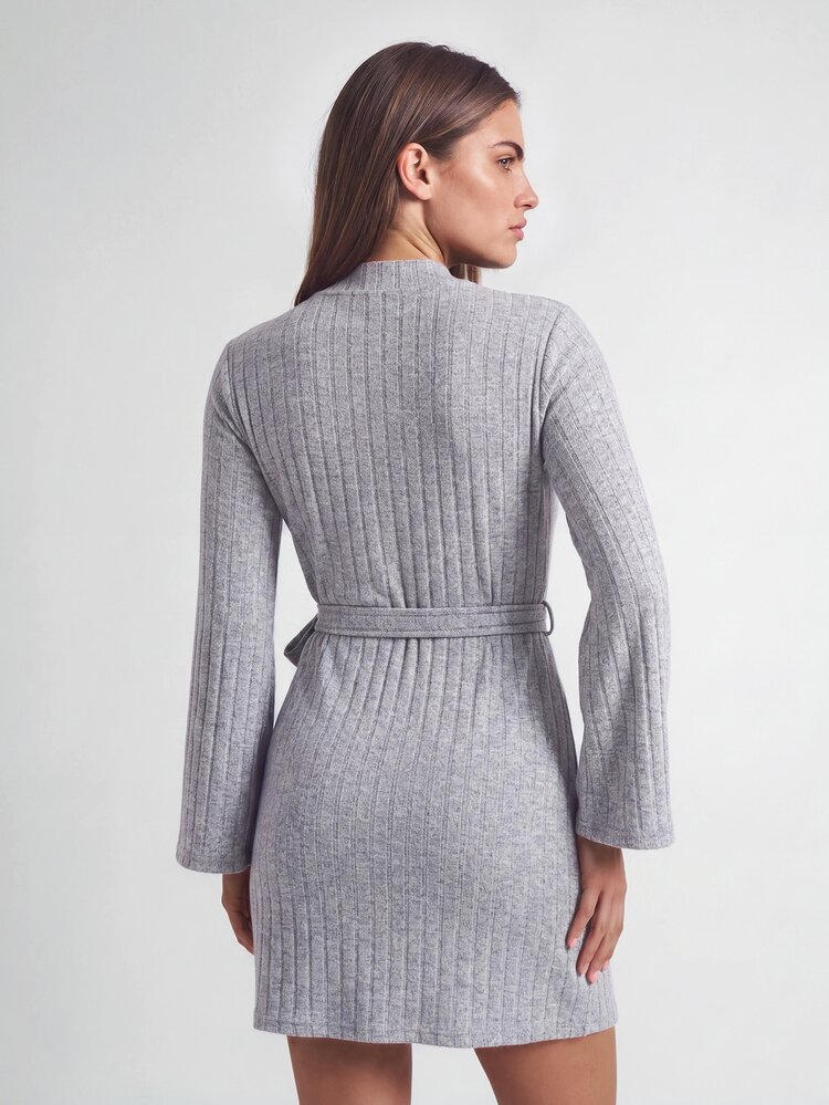 SHAPORA Women's Casual Light Grey Rib Knit V Neck Thigh Length Robe With Belt And Pockets Comfortable Loungewear Cozy And Elegant Details, For Outfit - Light Grey - View 6
