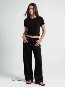 SHAPORA Women's Casual Solid Color Minimalist Short Sleeve T-Shirt & Pants Set - Black - View 6