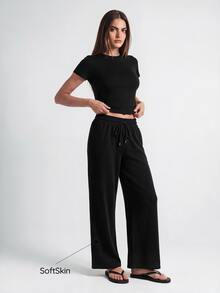SHAPORA Women's Casual Solid Color Minimalist Short Sleeve T-Shirt & Pants Set - Black - View 5
