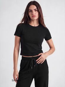 SHAPORA Women's Casual Solid Color Minimalist Short Sleeve T-Shirt & Pants Set - Black - View 2