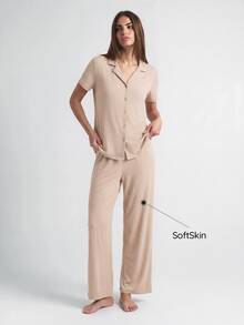 SHAPORA 柔软舒适的纽扣上衣和裤子男女通用睡衣家居服套装 - 駝色 - 查看 1