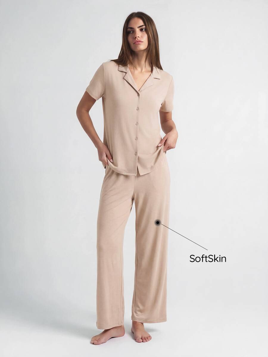 SHAPORA 柔软舒适的纽扣上衣和裤子男女通用睡衣家居服套装 - 駝色 - 查看 1