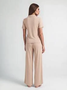 SHAPORA 柔软舒适的纽扣上衣和裤子男女通用睡衣家居服套装 - 駝色 - 查看 3