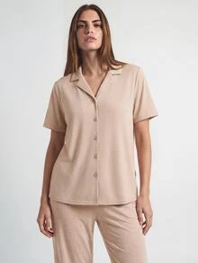 SHAPORA 柔软舒适的纽扣上衣和裤子男女通用睡衣家居服套装 - 駝色 - 查看 7