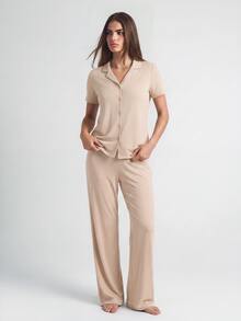 SHAPORA 柔软舒适的纽扣上衣和裤子男女通用睡衣家居服套装 - 駝色 - 查看 2