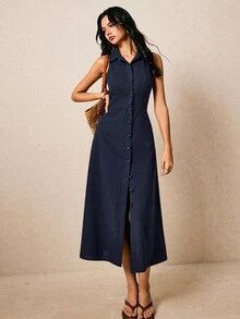 Poéselle Women's Solid Color Single-Breasted Casual Daily Summer Dress - Navy Blue - View 2