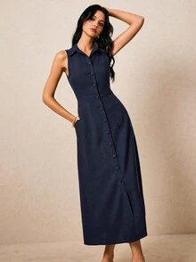 Poéselle Women's Solid Color Single-Breasted Casual Daily Summer Dress - Navy Blue - View 1