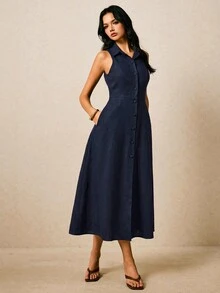 Poéselle Women's Solid Color Single-Breasted Casual Daily Summer Dress - Navy Blue - View 7