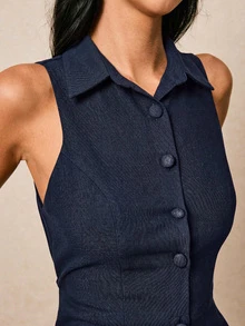 Poéselle Women's Solid Color Single-Breasted Casual Daily Summer Dress - Navy Blue - View 5