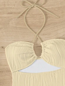 SHEIN Swim Summer Beach Holiday Solid Color Texture Hollow Out Halter Neck One Piece Swimsuit With Cover-Up 2-Piece Set - Apricot - View 7