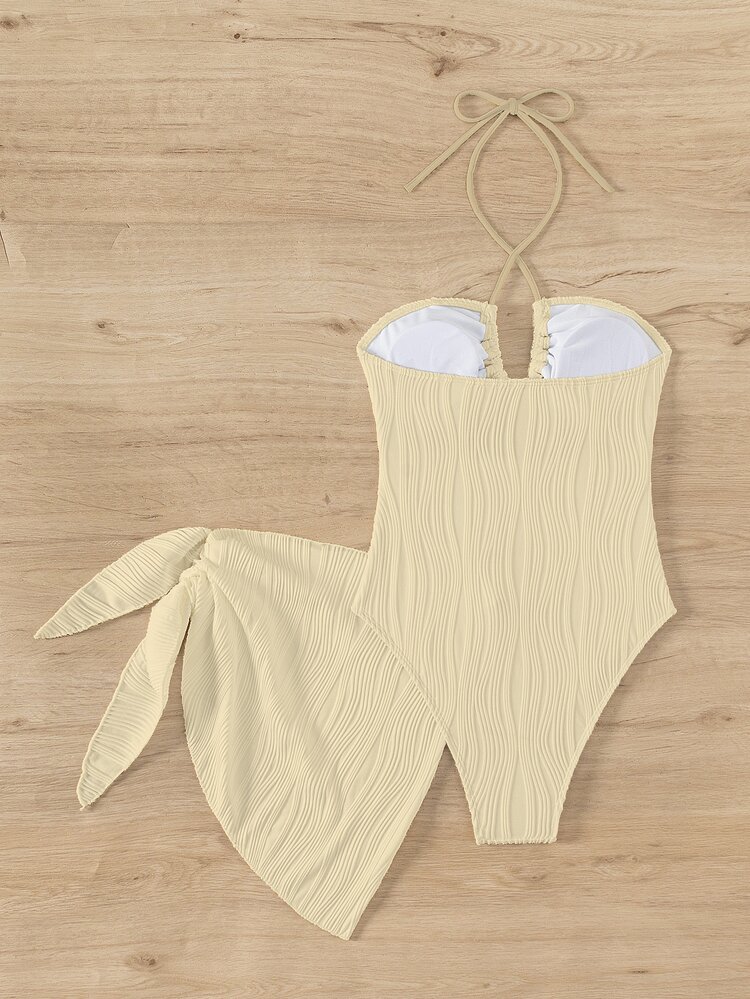 SHEIN Swim Summer Beach Holiday Solid Color Texture Hollow Out Halter Neck One Piece Swimsuit With Cover-Up 2-Piece Set - Apricot - View 4