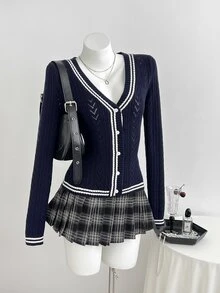 Elamini Women's Striped Color-Block Perforated Asymmetrical Design V-Neck Cable Knit Long Sleeve Cute Campus Style Cozy Knit Cardigan Sweater, Autumn/Winter - Navy Blue - View 6