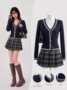 Elamini Women's Striped Color-Block Perforated Asymmetrical Design V-Neck Cable Knit Long Sleeve Cute Campus Style Cozy Knit Cardigan Sweater, Autumn/Winter - Navy Blue - View 3