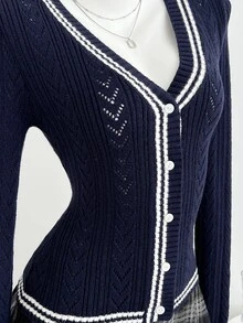Elamini Women's Striped Color-Block Perforated Asymmetrical Design V-Neck Cable Knit Long Sleeve Cute Campus Style Cozy Knit Cardigan Sweater, Autumn/Winter - Navy Blue - View 5