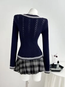 Elamini Women's Striped Color-Block Perforated Asymmetrical Design V-Neck Cable Knit Long Sleeve Cute Campus Style Cozy Knit Cardigan Sweater, Autumn/Winter - Navy Blue - View 2