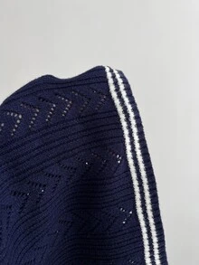 Elamini Women's Striped Color-Block Perforated Asymmetrical Design V-Neck Cable Knit Long Sleeve Cute Campus Style Cozy Knit Cardigan Sweater, Autumn/Winter - Navy Blue - View 4